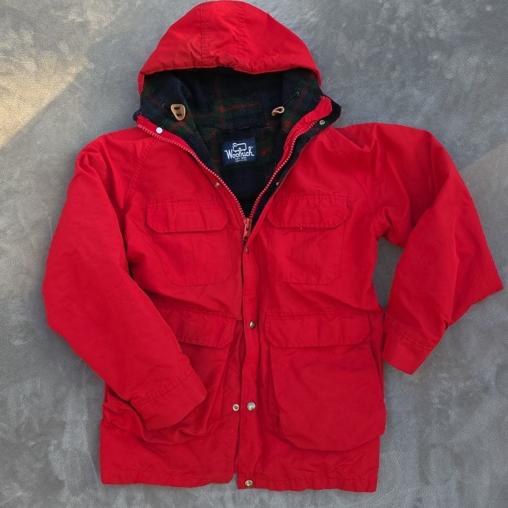 Woolrich Women's Size S Red Plaid Wool‎ Lined Parka Coat Jacket USA